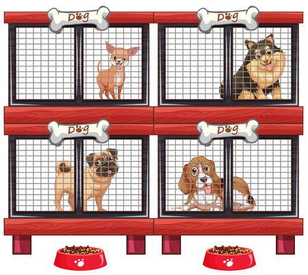 Four types of dogs in cage illustration.のイラスト素材