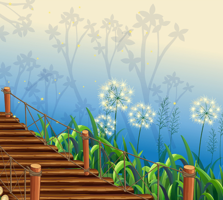 Scene with grass and wooden bridge illustrationのイラスト素材