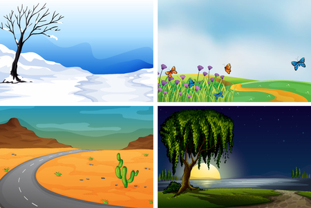 Four nature scenes day and night illustrationのイラスト素材