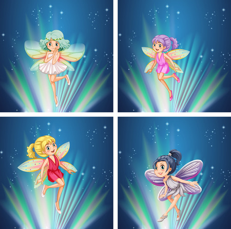 Cute fairies flying at night illustrationのイラスト素材