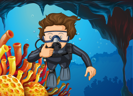 Scuba diver diving under the ocean illustrationのイラスト素材
