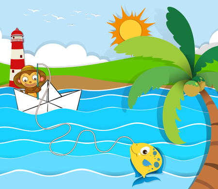 Monkey fishing in the river illustrationのイラスト素材