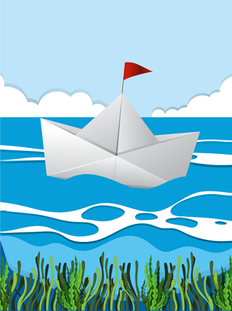 Paper boat floating on river illustrationのイラスト素材