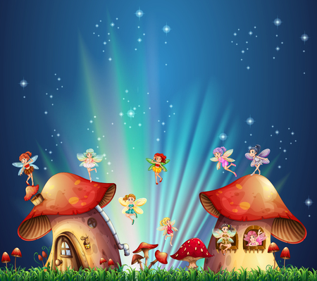 Fairies flying over mushroom houses illustrationのイラスト素材
