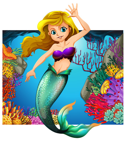 Mermaid and underwater scene in background illustrationのイラスト素材