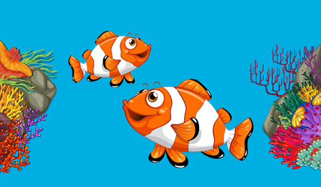 Two clownfish swimming in ocean illustrationのイラスト素材