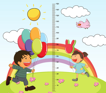 Growth mearsuring chart with girl and boy in park illustrationのイラスト素材