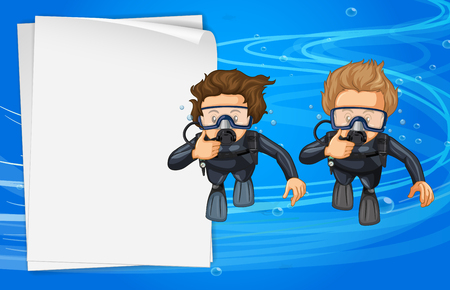 Paper template with two scuba divers illustrationのイラスト素材