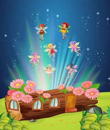 Fairies flying over the log house illustrationのイラスト素材
