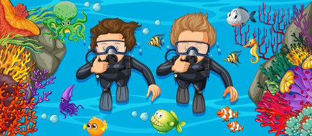 Scuba divers in the deep blue sea illustrationのイラスト素材