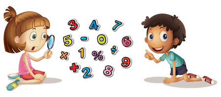 Boy and girl looking at numbers illustrationのイラスト素材
