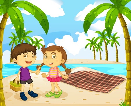 Boy and girl picnic on the beach illustrationのイラスト素材