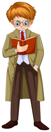 Man in brown overcoat reading book illustrationのイラスト素材