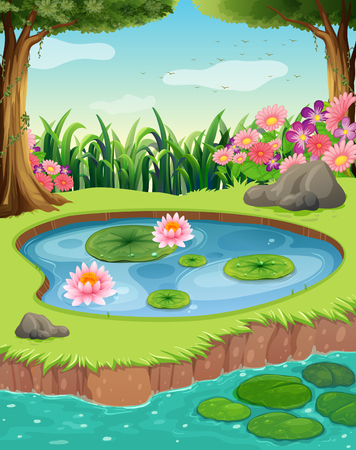 Little pond by the river in the forest illustrationのイラスト素材