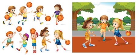 Girls and boys playing basketball illustrationのイラスト素材