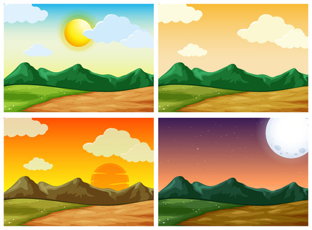 Four countryside scenes at different time of day illustrationのイラスト素材