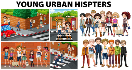 City scenes and young urban hipsters illustrationのイラスト素材
