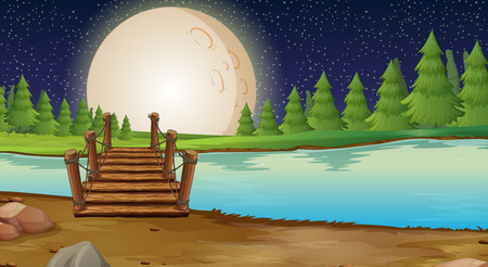 Scene with fullmoon over the bridge illustrationのイラスト素材