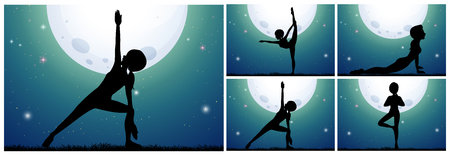 Silhouette woman doing yoga on fullmoon night illustrationのイラスト素材