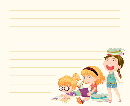 Line paper template with girls reading books illustrationのイラスト素材