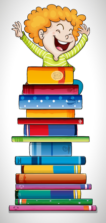 Happy boy standing on stack of books illustrationのイラスト素材
