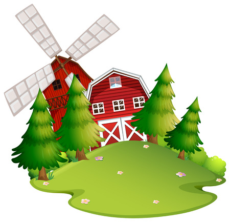 Farm scene with barn and windmill illustrationのイラスト素材