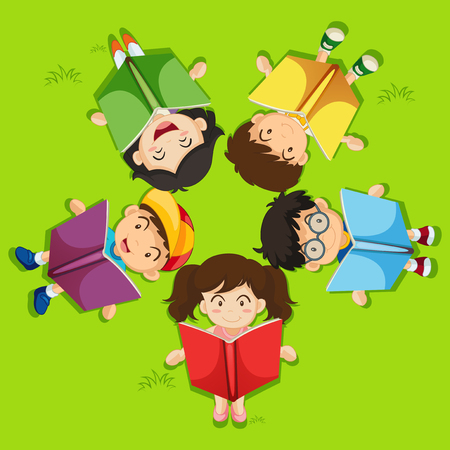 Kids reading book on green grass illustrationのイラスト素材