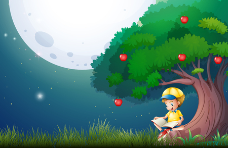 Boy reading book under apple tree illustrationのイラスト素材