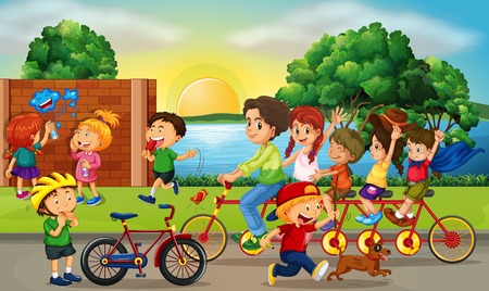 Road scene with kids and family riding bikes illustrationのイラスト素材