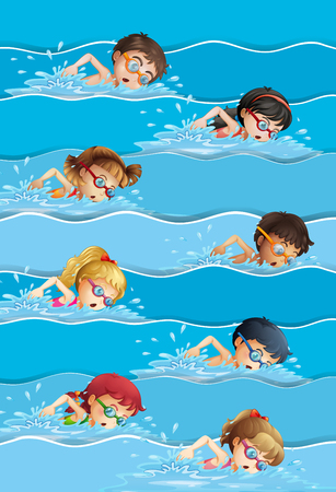 Many kids swimming in pool illustrationのイラスト素材