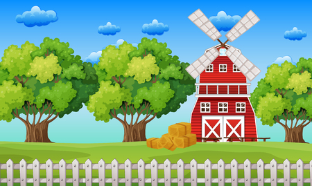 Farm scene with windmill in the field illustrationのイラスト素材