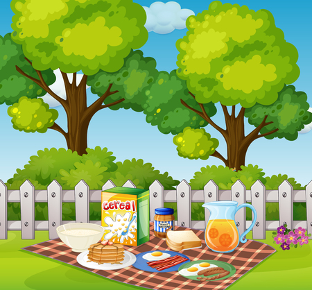 Picnic in garden in the morning illustrationのイラスト素材