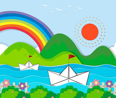 Paper boats floating in the river illustrationのイラスト素材