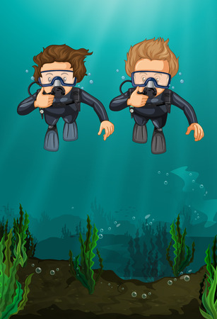 Two men scuba diving under the ocean illustrationのイラスト素材