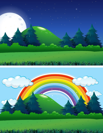 Two forest scenes night and day illustrationのイラスト素材
