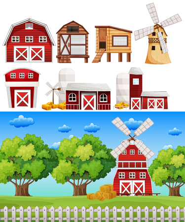 Farm scene with different buildings illustrationのイラスト素材