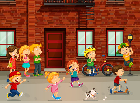 Children playing on the road illustrationのイラスト素材