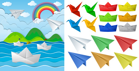 Ocean scne and paper origami in different objects illustrationのイラスト素材