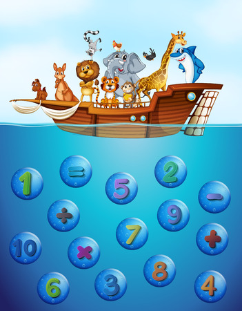 Numbers underwater and animals on the ship illustrationのイラスト素材
