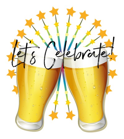 Word expression for let's celebrate with two glasses of beer illustration.のイラスト素材