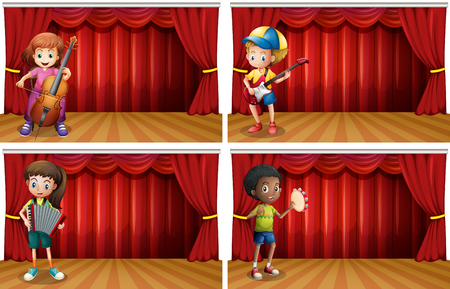 Children playing different musical instrument illustration.のイラスト素材