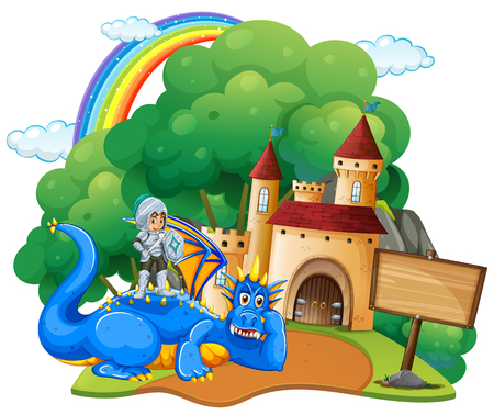 Castle scene with knight and dragon illustrationのイラスト素材