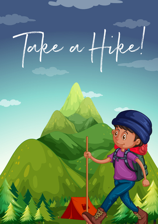 Man hiking up the mountain with phrase take a hike illustration.のイラスト素材