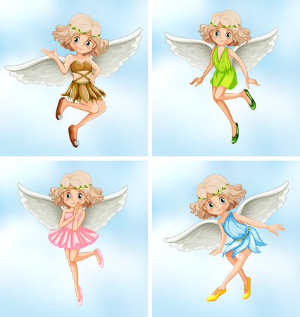 Four fairies with white wings illustrationのイラスト素材