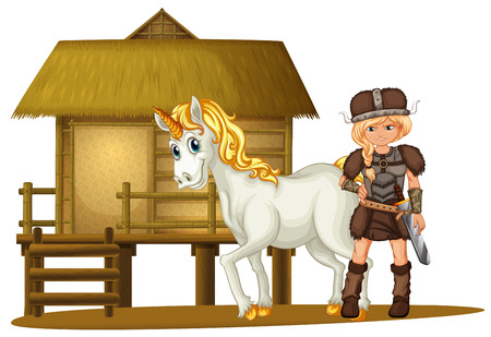 Female viking and unicorn by the wooden hut illustrationのイラスト素材