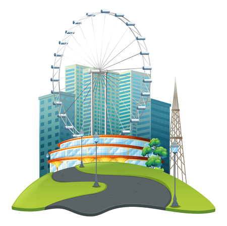 Big ferris wheel in big park illustration.のイラスト素材