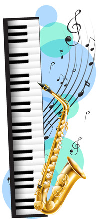Piano and saxophone with music notes in background illustrationのイラスト素材