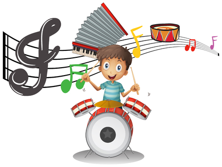 Boy plays drumset with music notes in background illustrationのイラスト素材