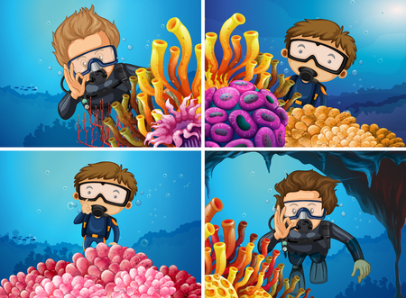 Scenes with divers in the sea illustrationのイラスト素材