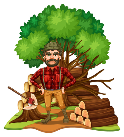Lumber jack and firewood in the field illustrationのイラスト素材
